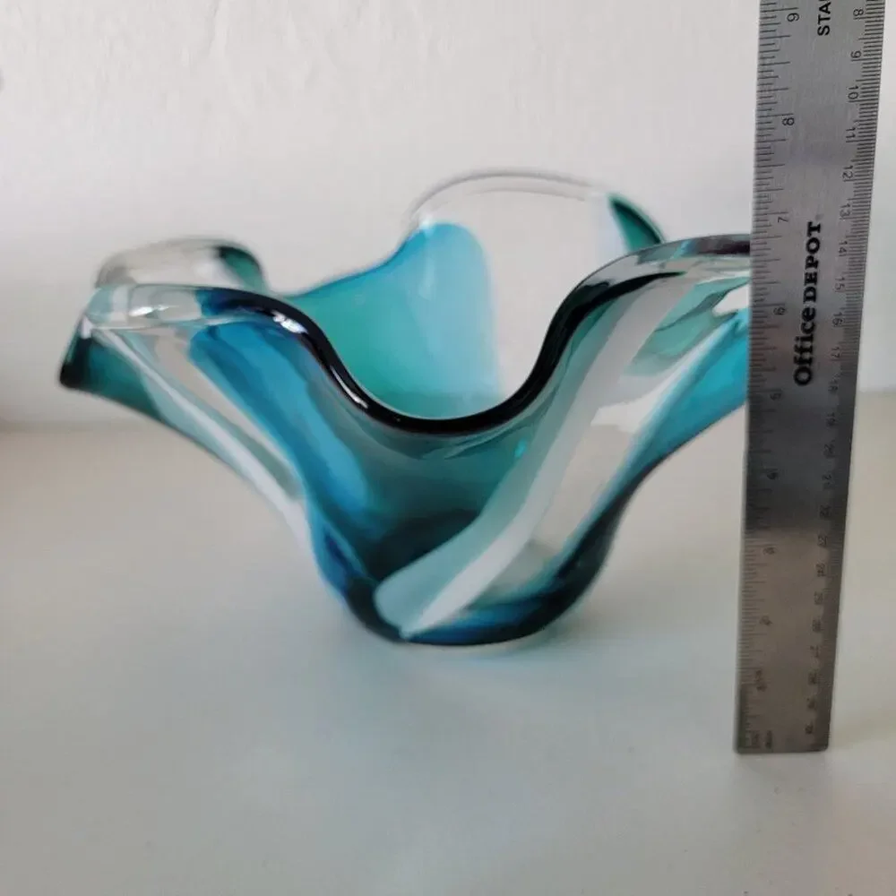 Hand Blown Glass Vase Bowl Turquoise White Clear Handkerchief Flair Home Decor